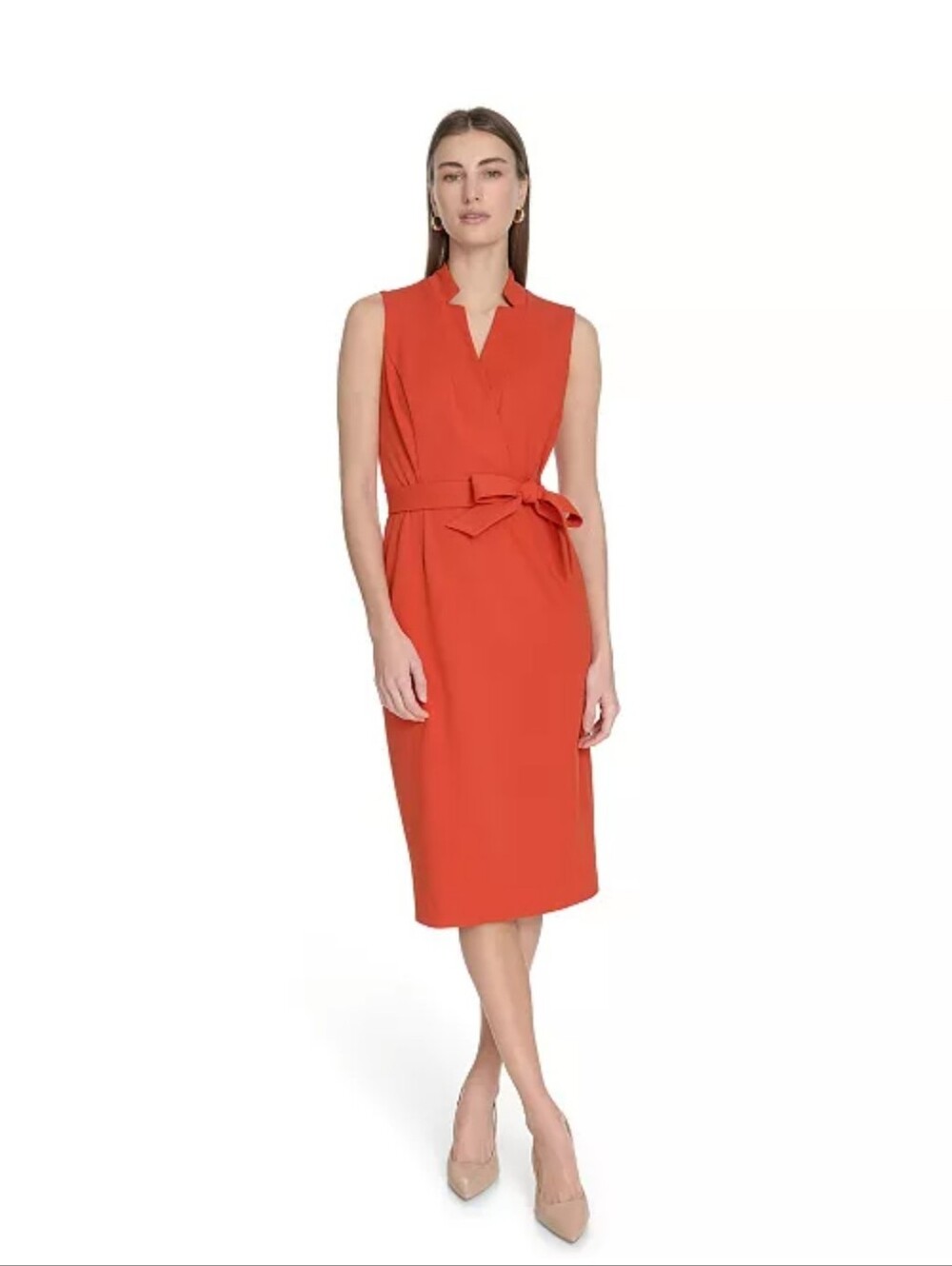 Calvin Klein Red Sleeveless Belted Wrap Midi Dress Size 10 NWT $134